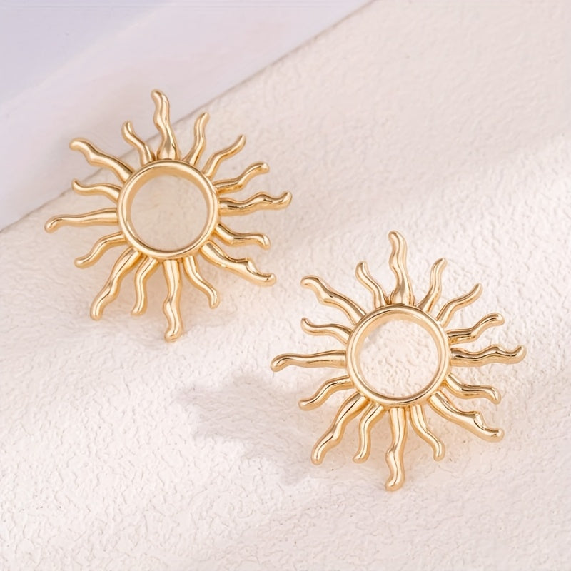 Bohemian Gold-Tone Sunburst Earrings with Wavy Rays
