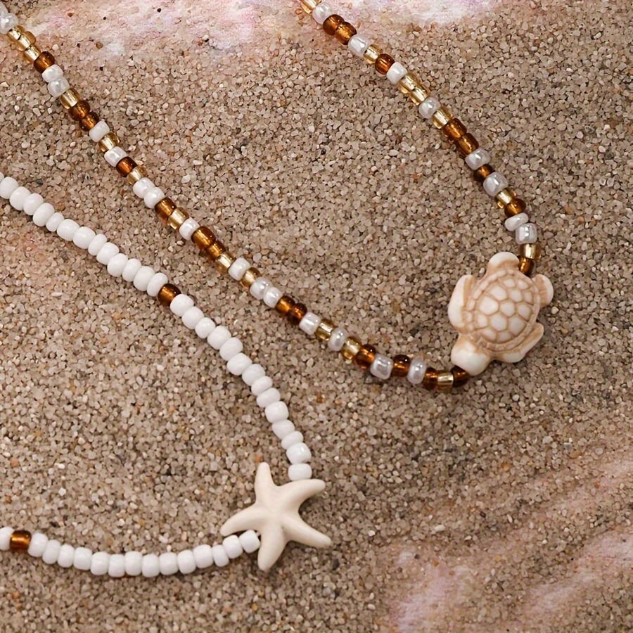 Beachy Layered Beaded Necklace with Turtle & Starfish