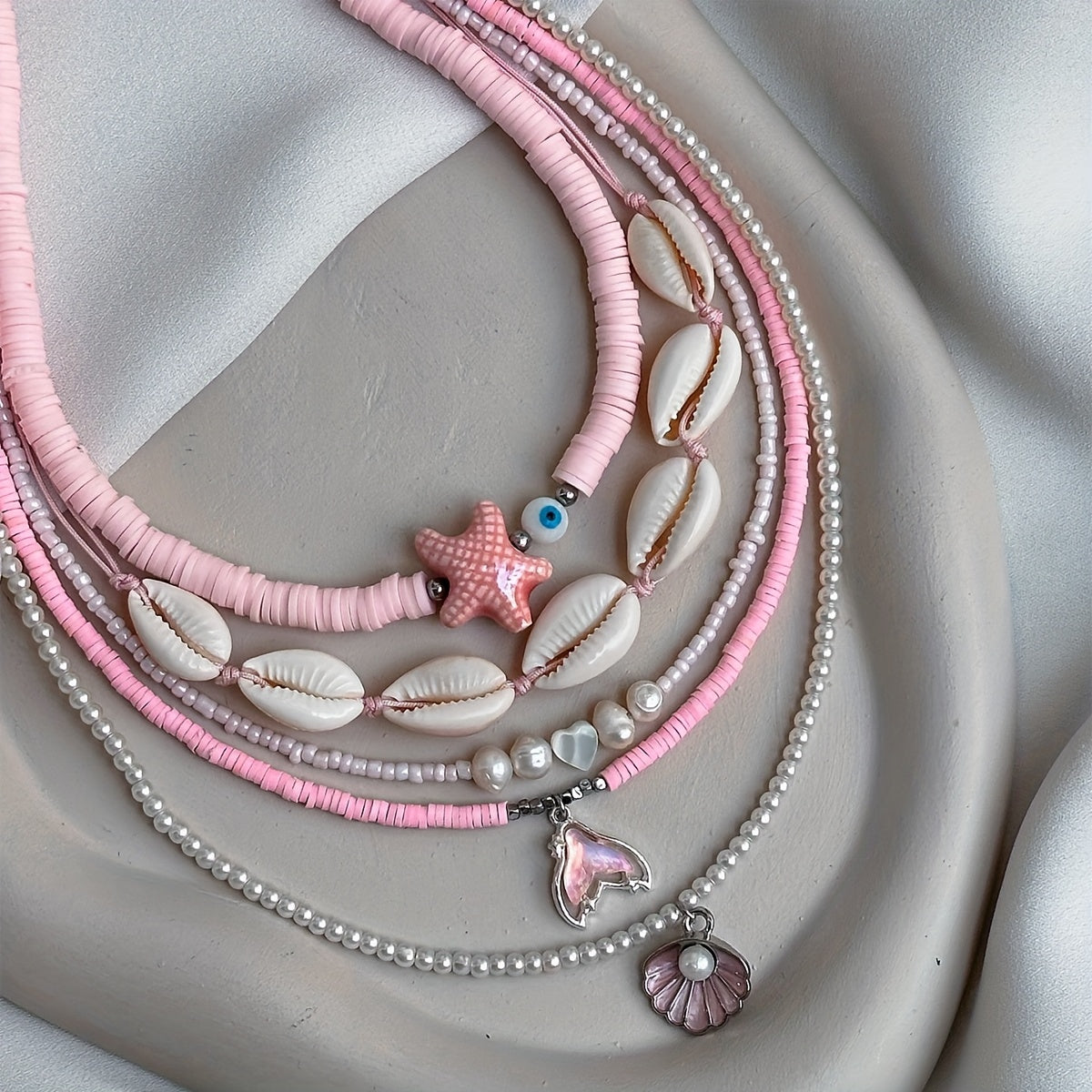 Bohemian Pink Layered Necklaces with Cowrie Shells & Starfish