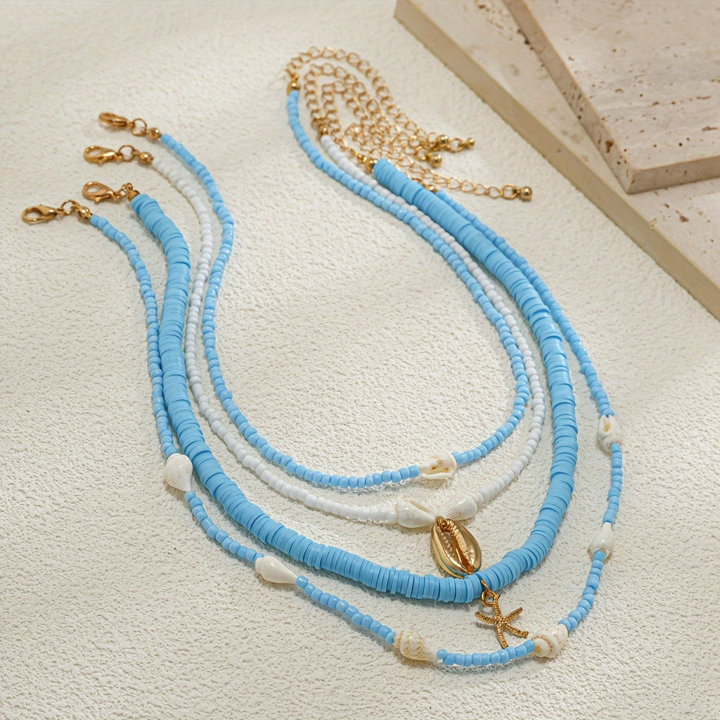Beachy Blue Layered Necklace with Seashells & Starfish