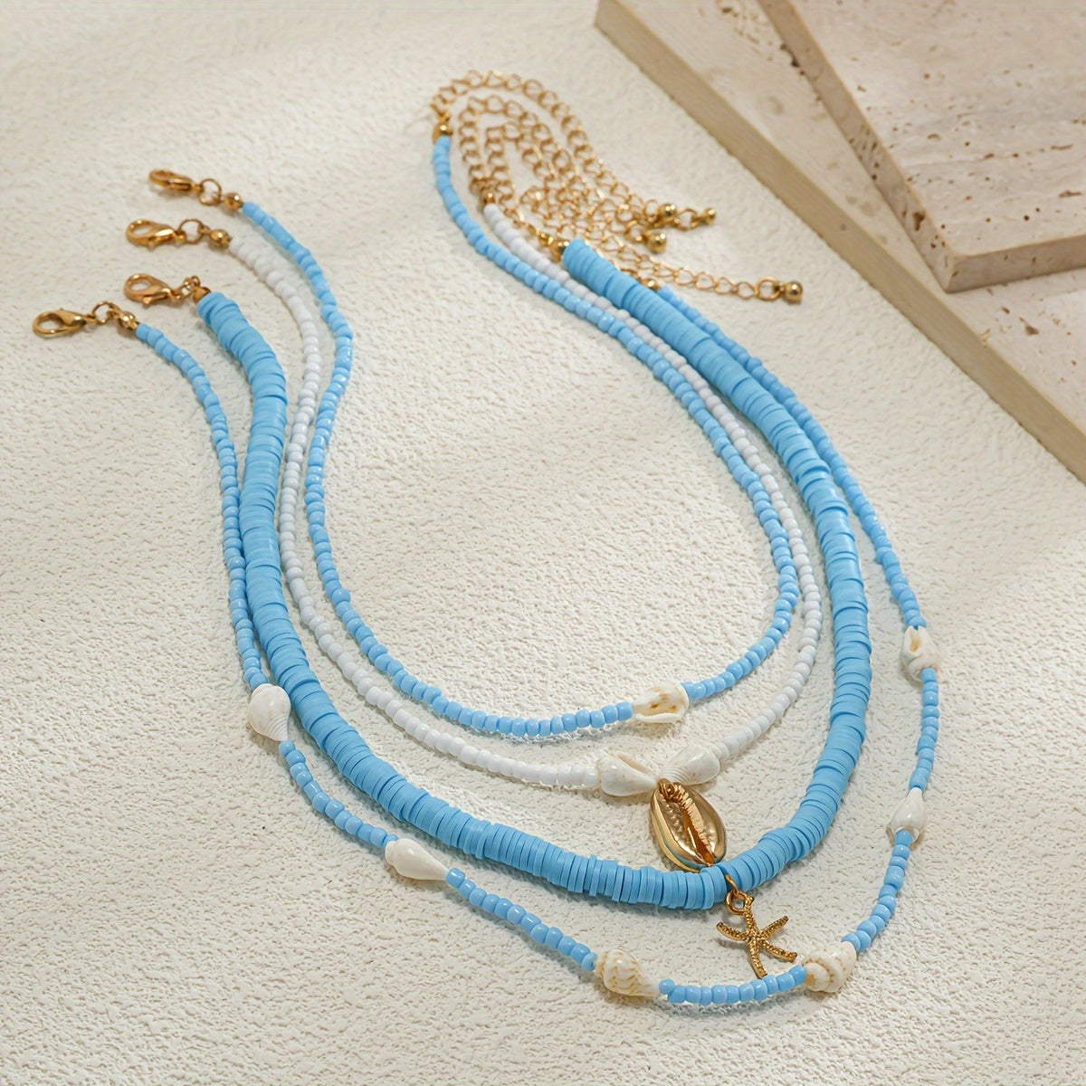 Beachy Blue Layered Necklace with Seashells & Starfish