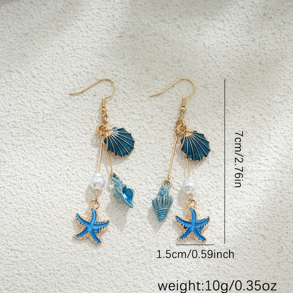 Gold-Tone Enamel Shell Starfish Pearl Drop Earrings