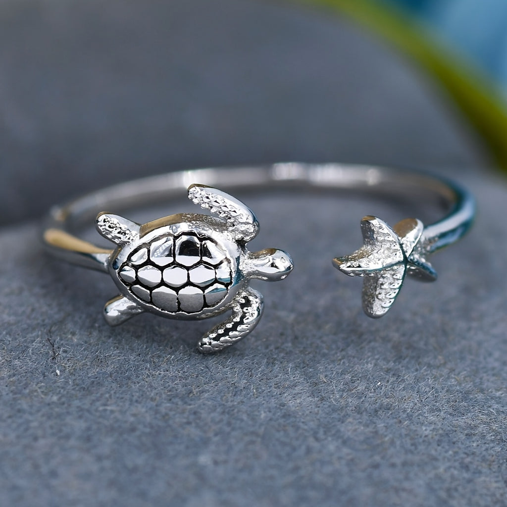 Adjustable Sea Turtle and Starfish Silver Ring