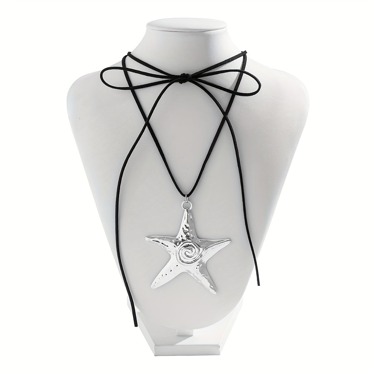 Bohemian Silver Starfish Lariat Necklace with Black Cord