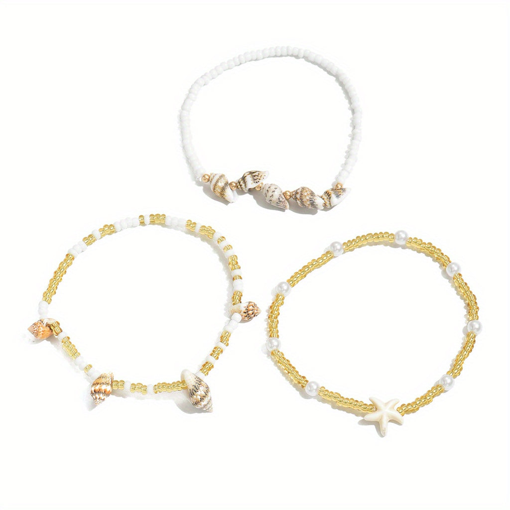 Boho Layered Shell and Starfish Beaded Anklets