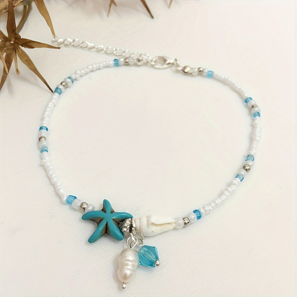 Beach Anklet with Turquoise Starfish and Pearl
