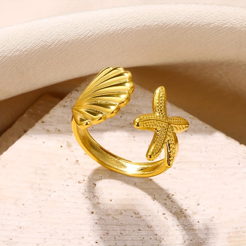 Gold Tone Starfish & Shell Open Ring for Women