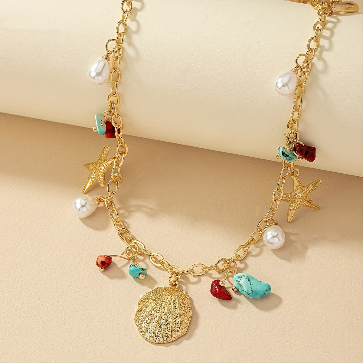 Gold-Tone Seashell Starfish Necklace with Colorful Beads