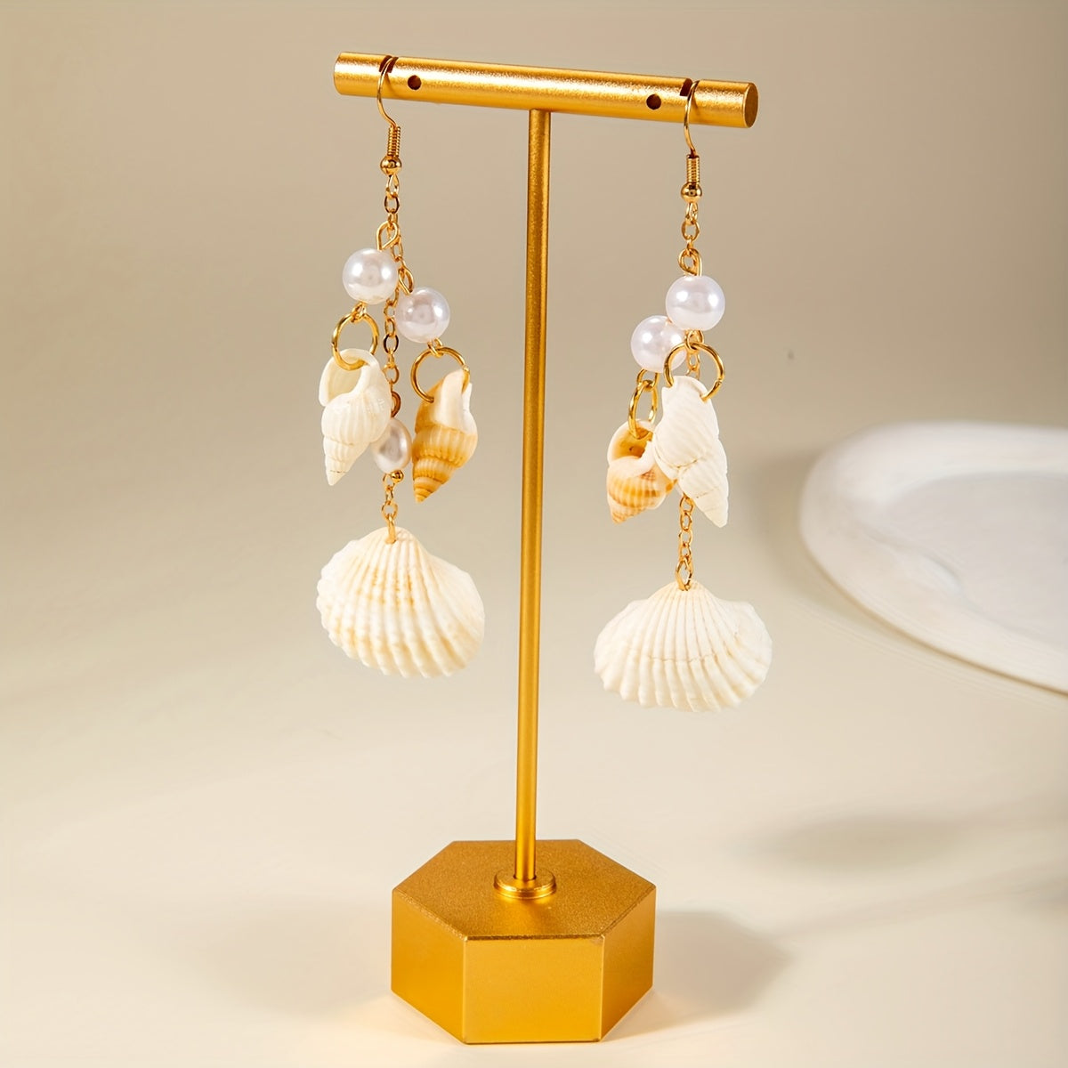 Bohemian Gold Seashell and Pearl Drop Earrings