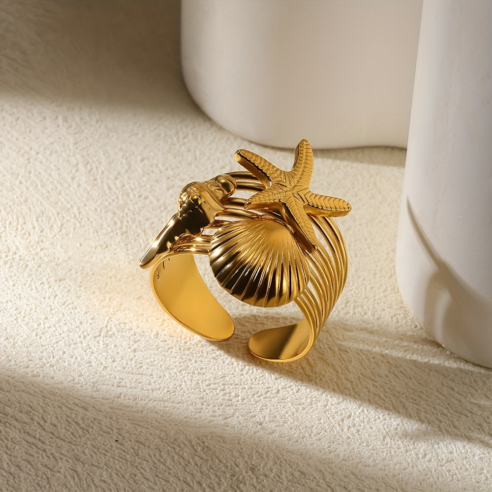Gold-Tone Wide Band Seashell Starfish Ring
