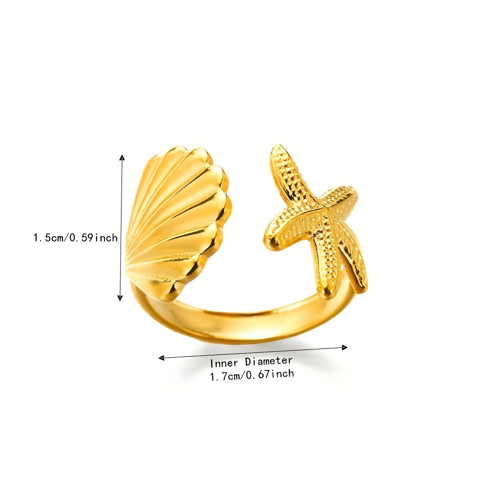 Gold Tone Starfish & Shell Open Ring for Women