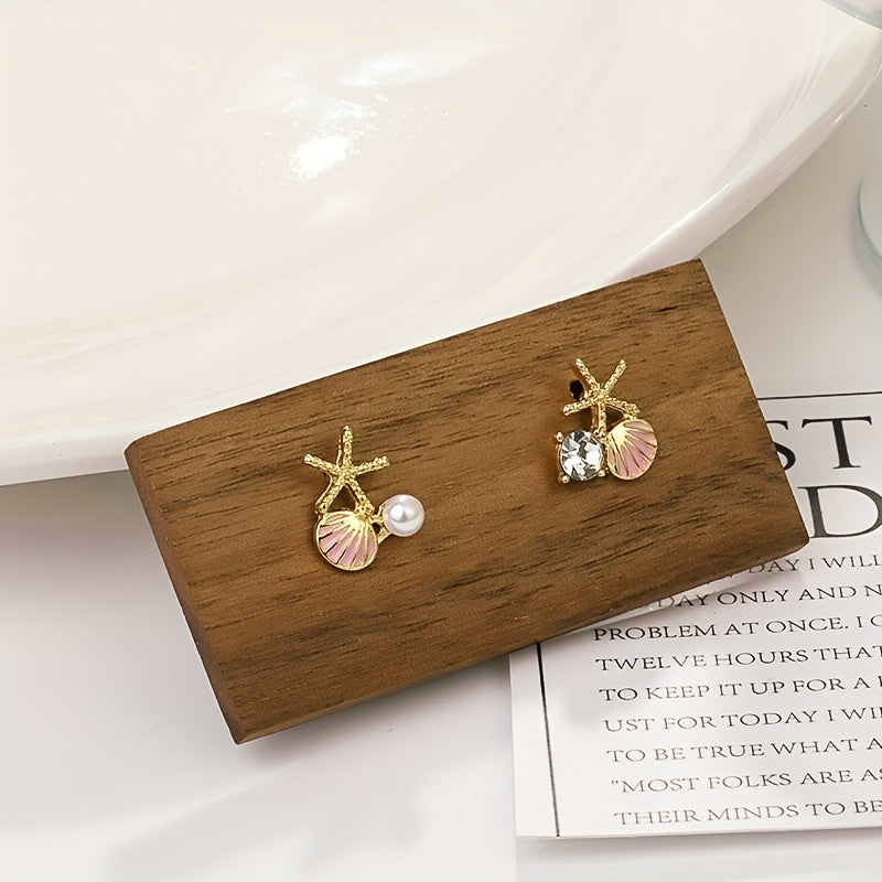 Asymmetric Starfish Shell Earrings with Pearl & CZ