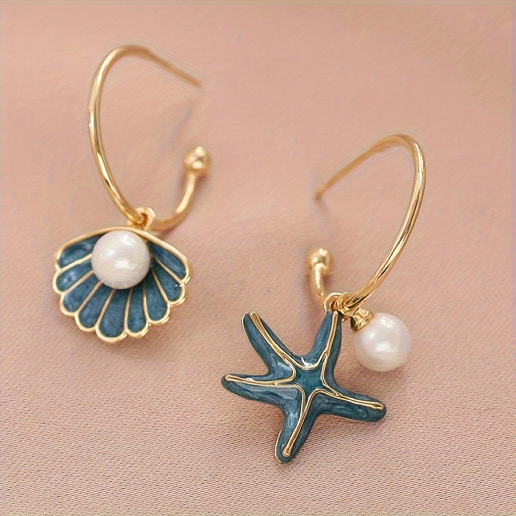 Asymmetrical Shell Starfish Hoop Earrings with Pearls
