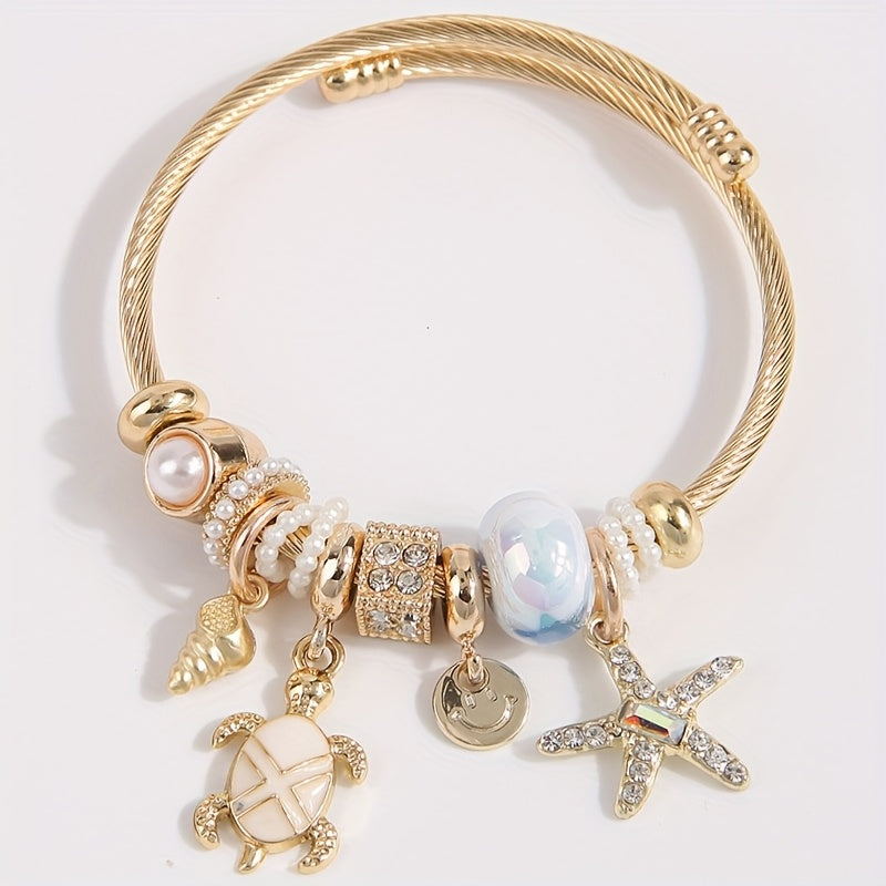 Gold-Tone Sea Charm Bangle Bracelet with Pearls