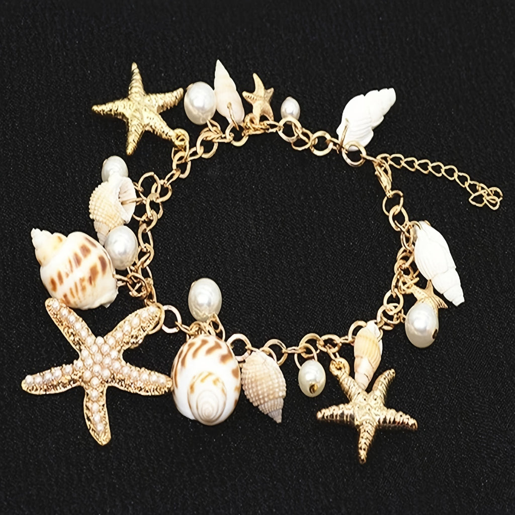 Gold-Tone Seashell, Starfish & Pearl Charm Bracelet