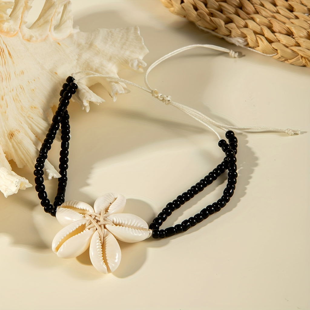 Bohemian Black Bead Anklet with Cowrie Shell Flower