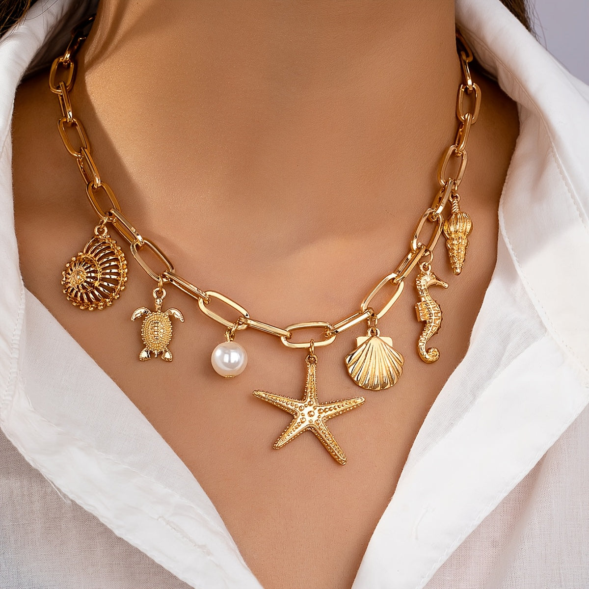 Gold-Tone Sea Life Charm Necklace in Zinc Alloy