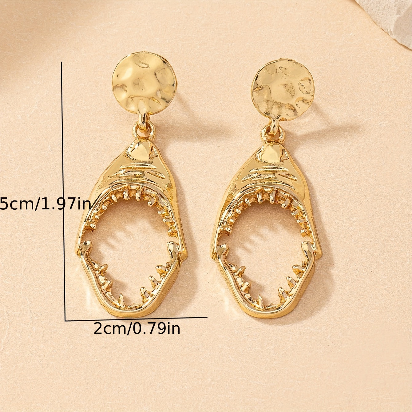 Gold Shark Jaw Drop Earrings with Hammered Disc