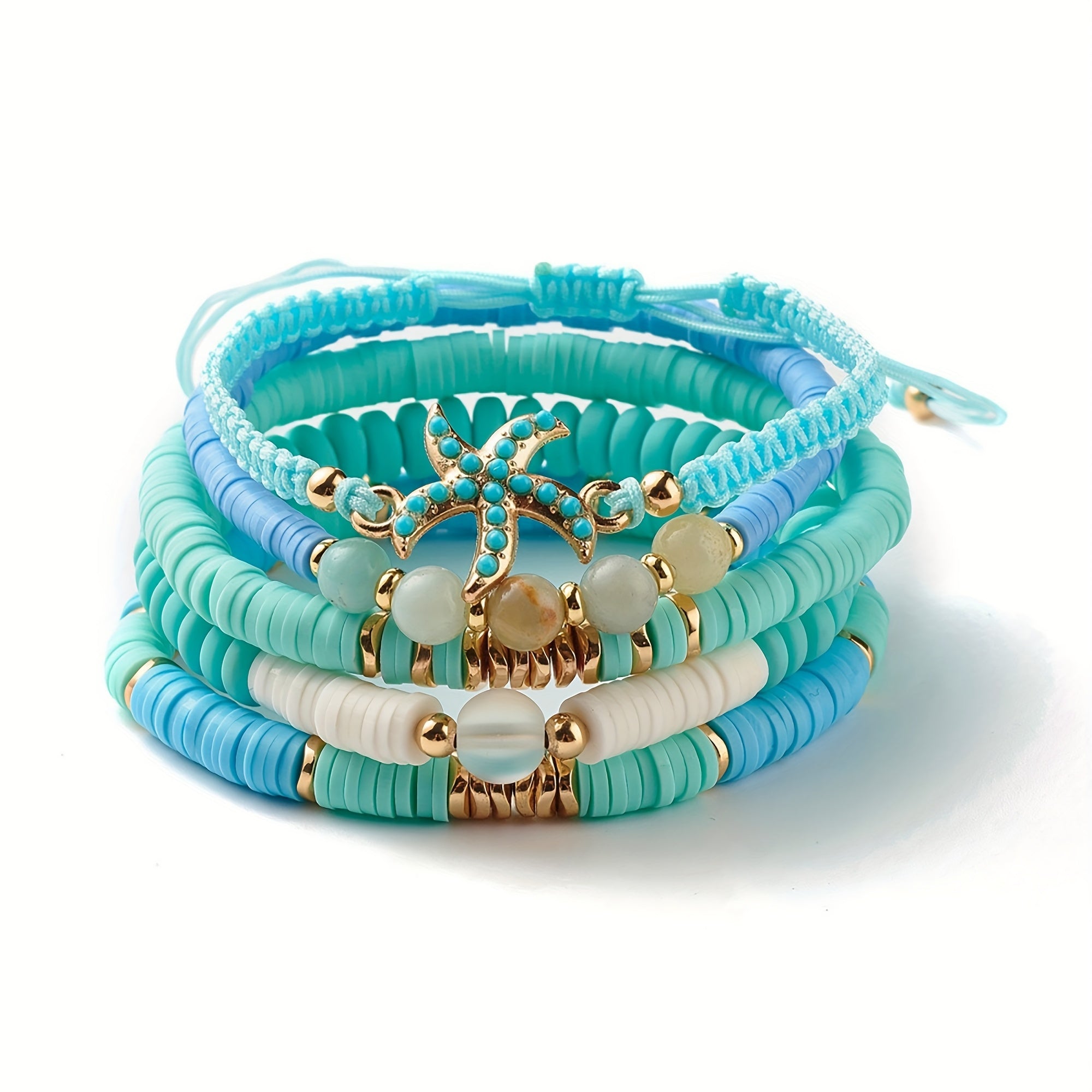 Boho Blue Heishi Bracelets with Starfish Charm