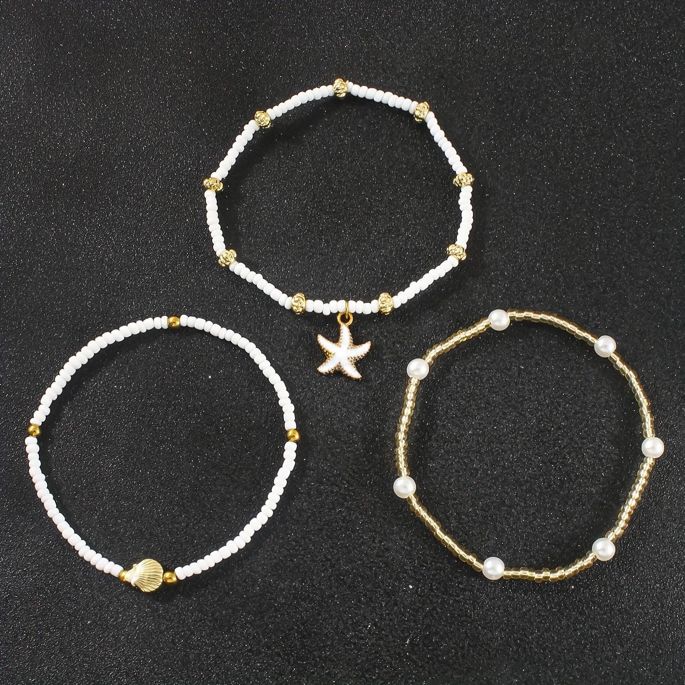 Boho White & Gold Layered Anklet with Starfish