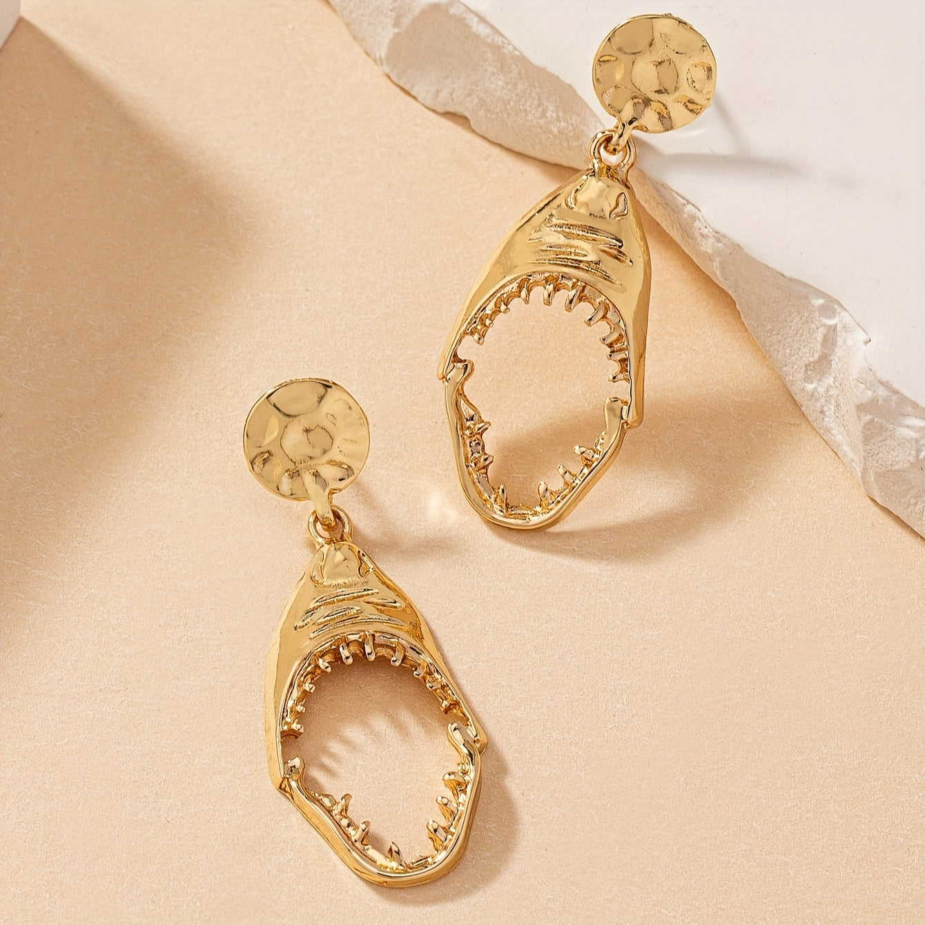 Gold Shark Jaw Drop Earrings with Hammered Disc