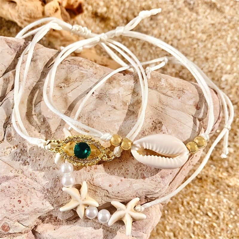 Boho White Pearl, Shell & Starfish Bracelets Set