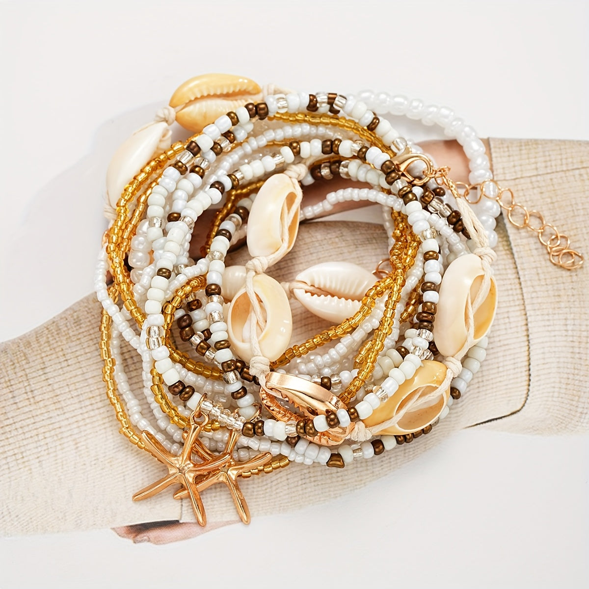Beachy Cowrie Shell & Starfish Anklet Bracelet Set