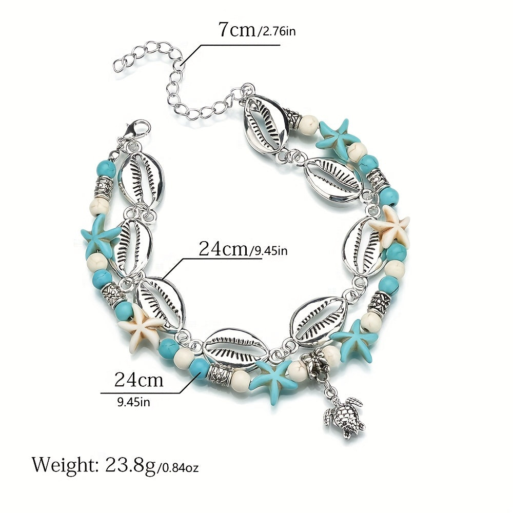 Bohemian Double Layered Anklet with Cowrie Shells & Turtle