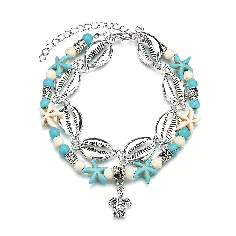 Bohemian Double Layered Anklet with Cowrie Shells & Turtle