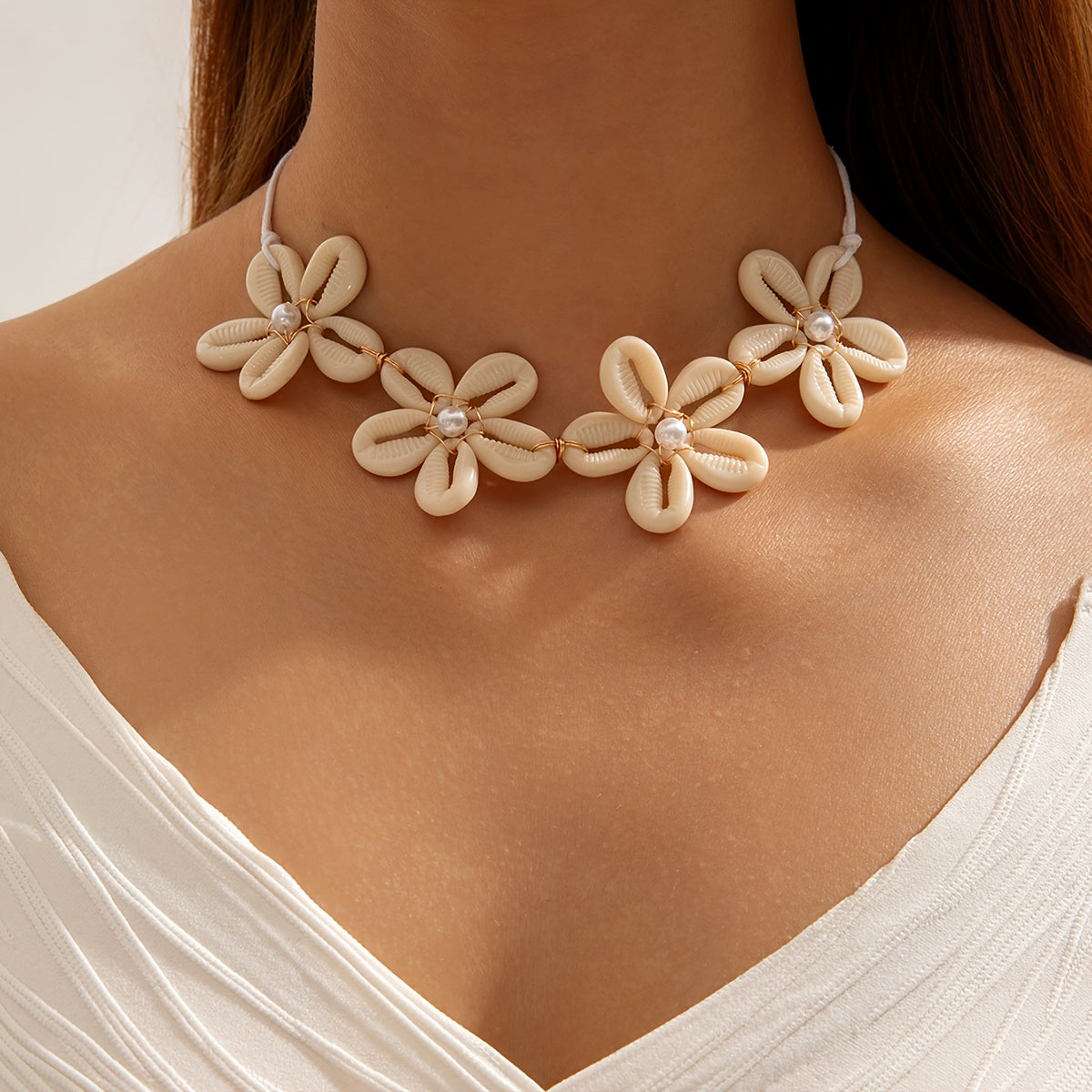 Bohemian Cowrie Shell Flower Choker with Pearls