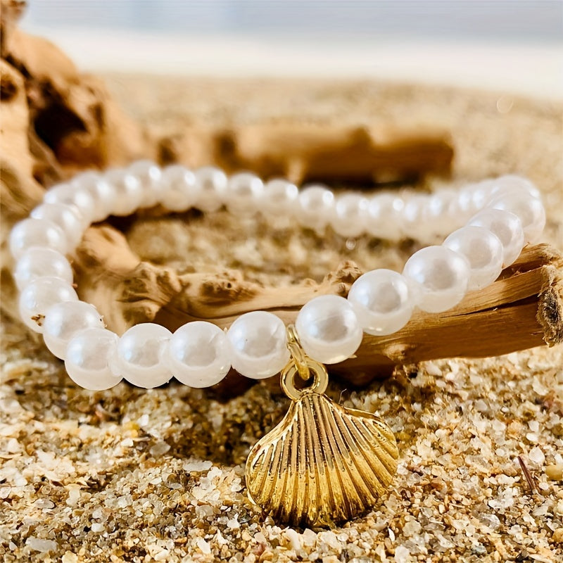 Boho White Pearl, Shell & Starfish Bracelets Set