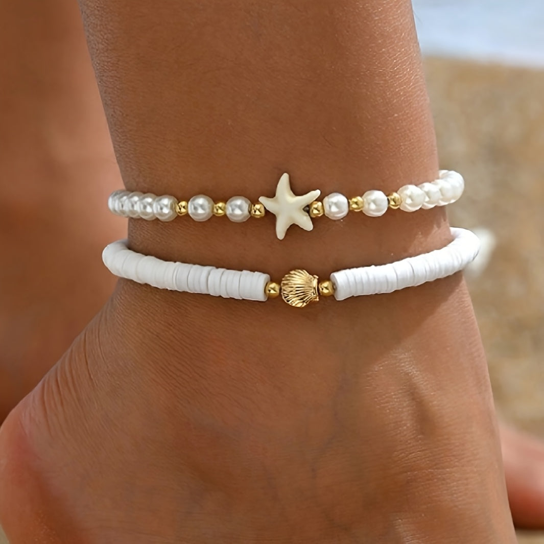 Boho White Pearl Starfish & Shell Anklets