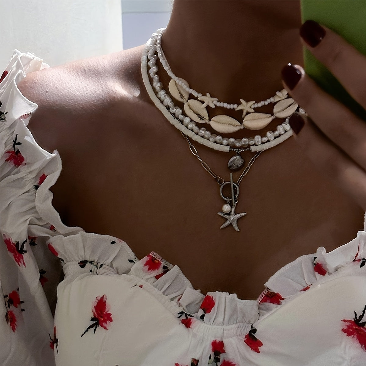 Bohemian Pink Layered Necklaces with Cowrie Shells & Starfish
