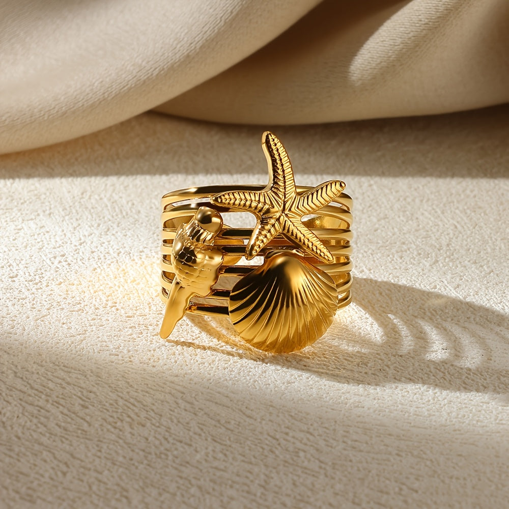 Gold-Tone Wide Band Seashell Starfish Ring