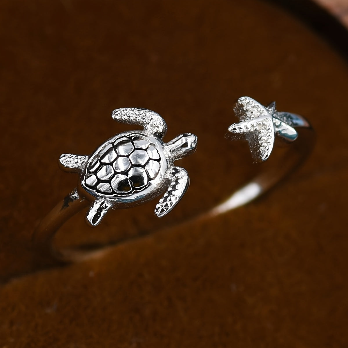 Adjustable Sea Turtle and Starfish Silver Ring