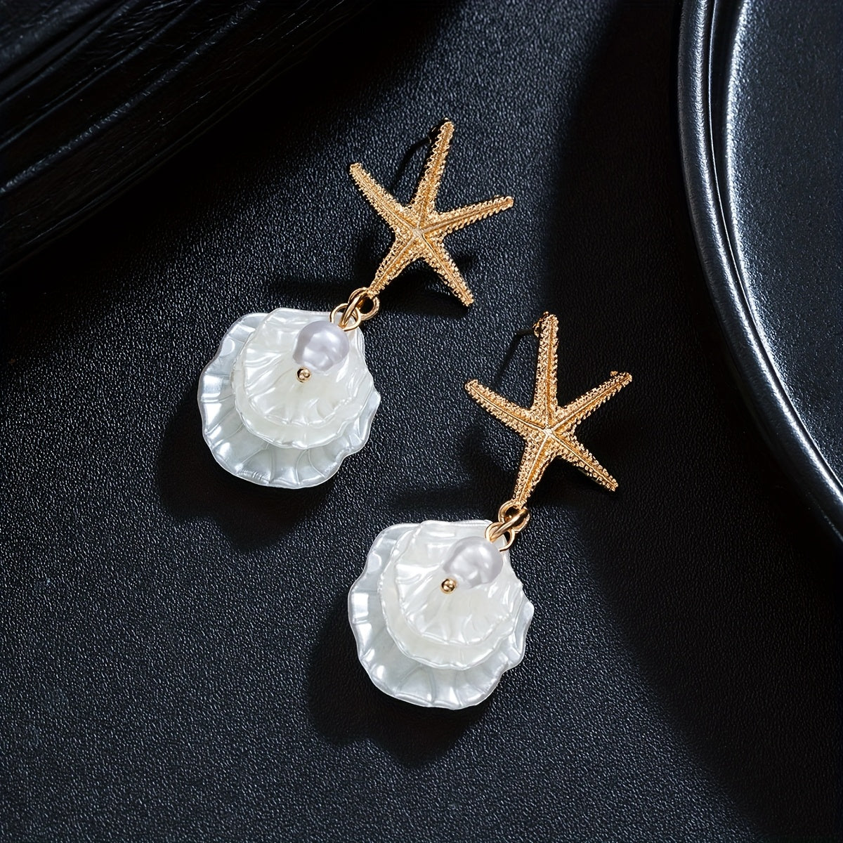 Gold Starfish Drop Earrings with Iridescent Seashell