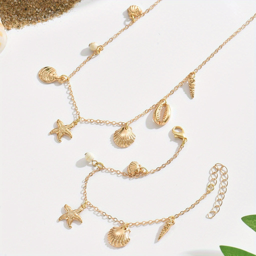 Bohemian Gold-Tone Sea Shell Charm Necklace and Bracelet