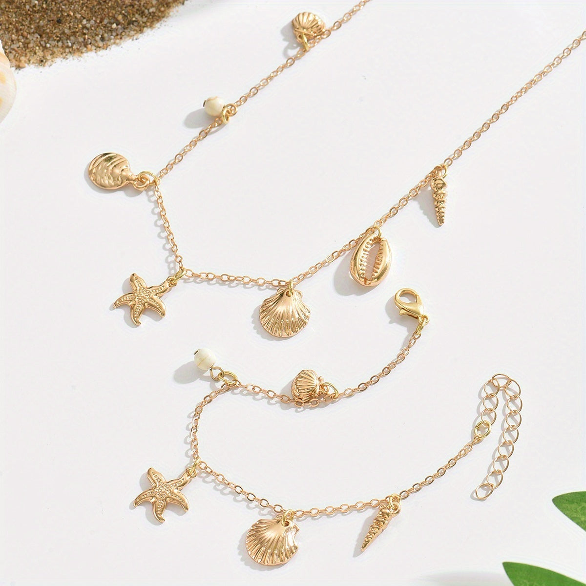 Bohemian Gold-Tone Sea Shell Charm Necklace and Bracelet