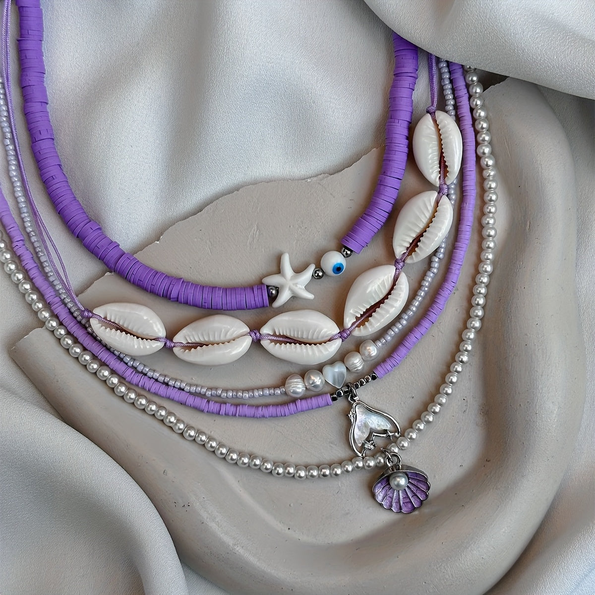 Beachy Layered Choker Set with Shells & Mermaid Tail