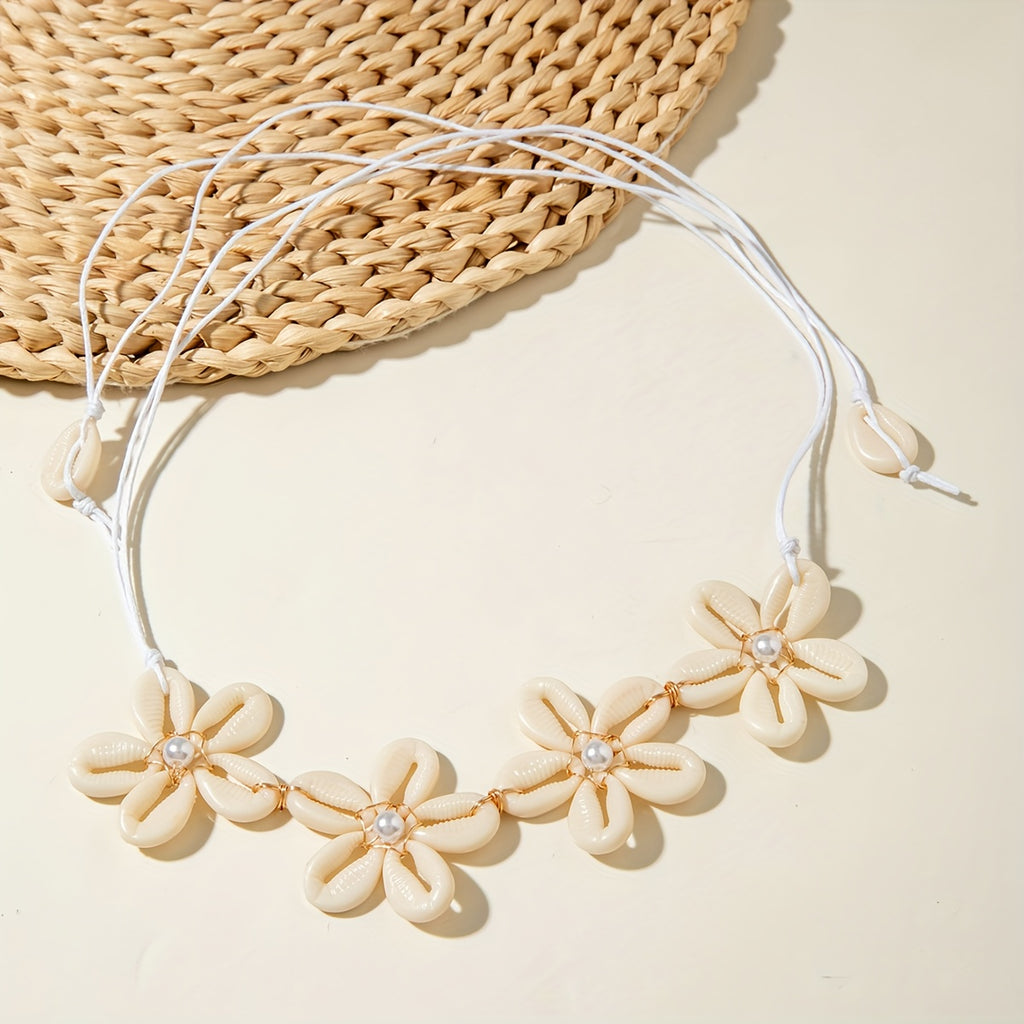 Bohemian Cowrie Shell Flower Choker with Pearls
