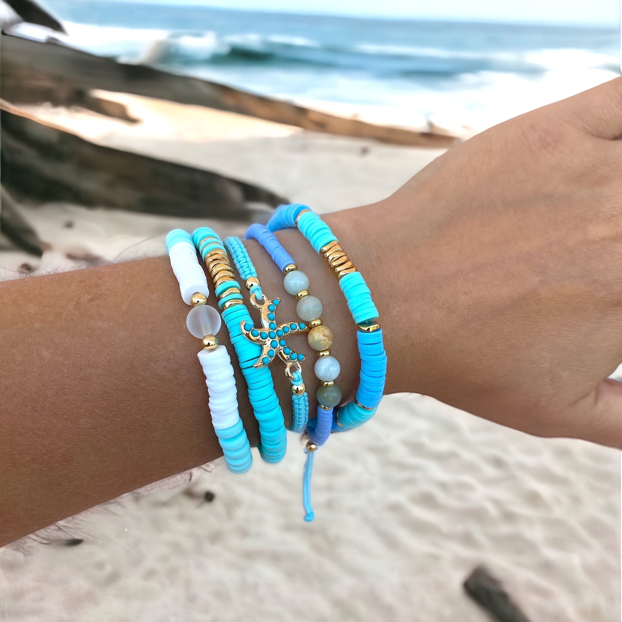 Boho Blue Heishi Bracelets with Starfish Charm