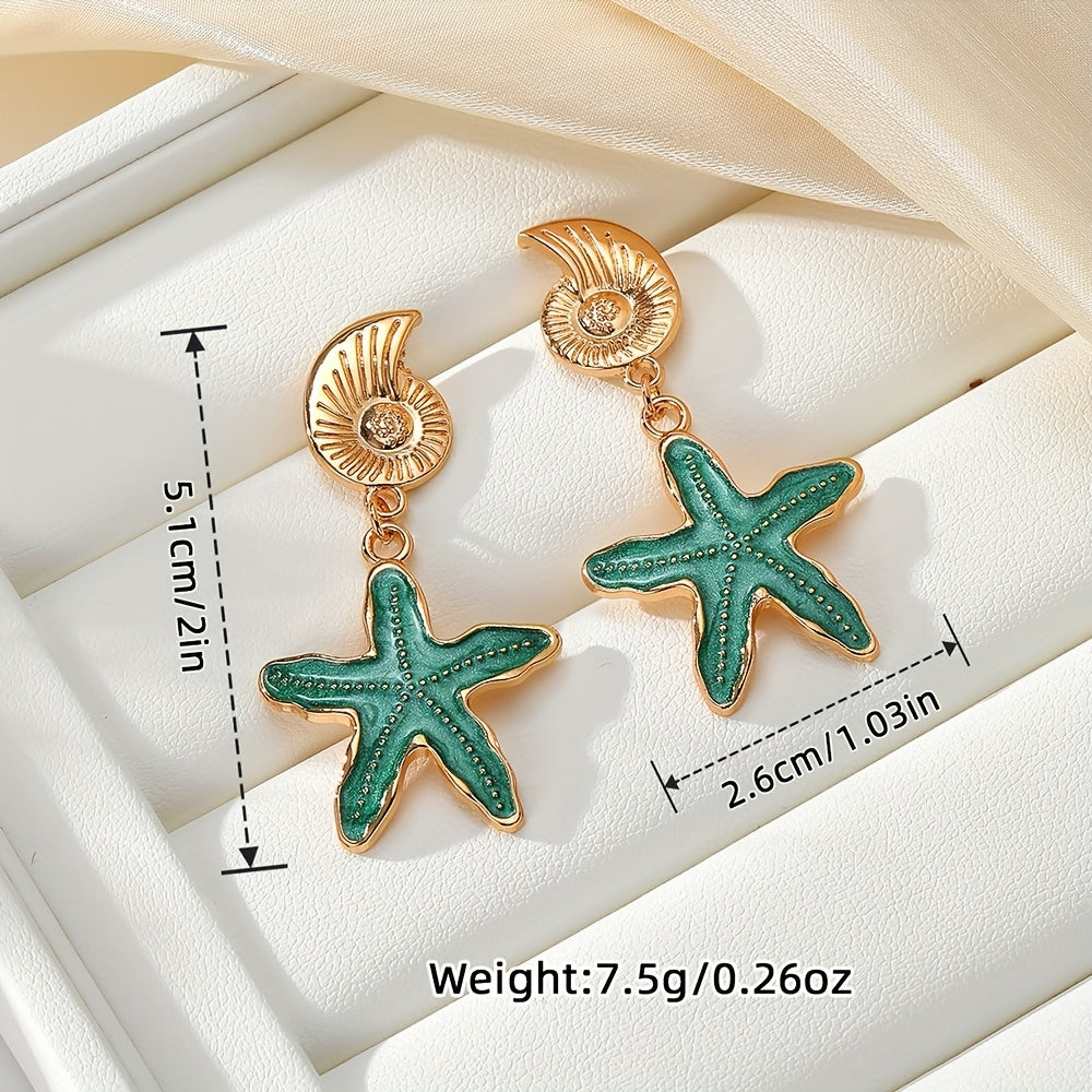 Gold-Tone Shell with Blue Starfish Drop Earrings