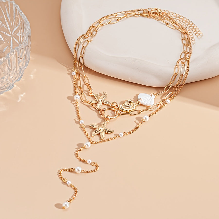 Bohemian Gold Layered Starfish & Pearl Necklace