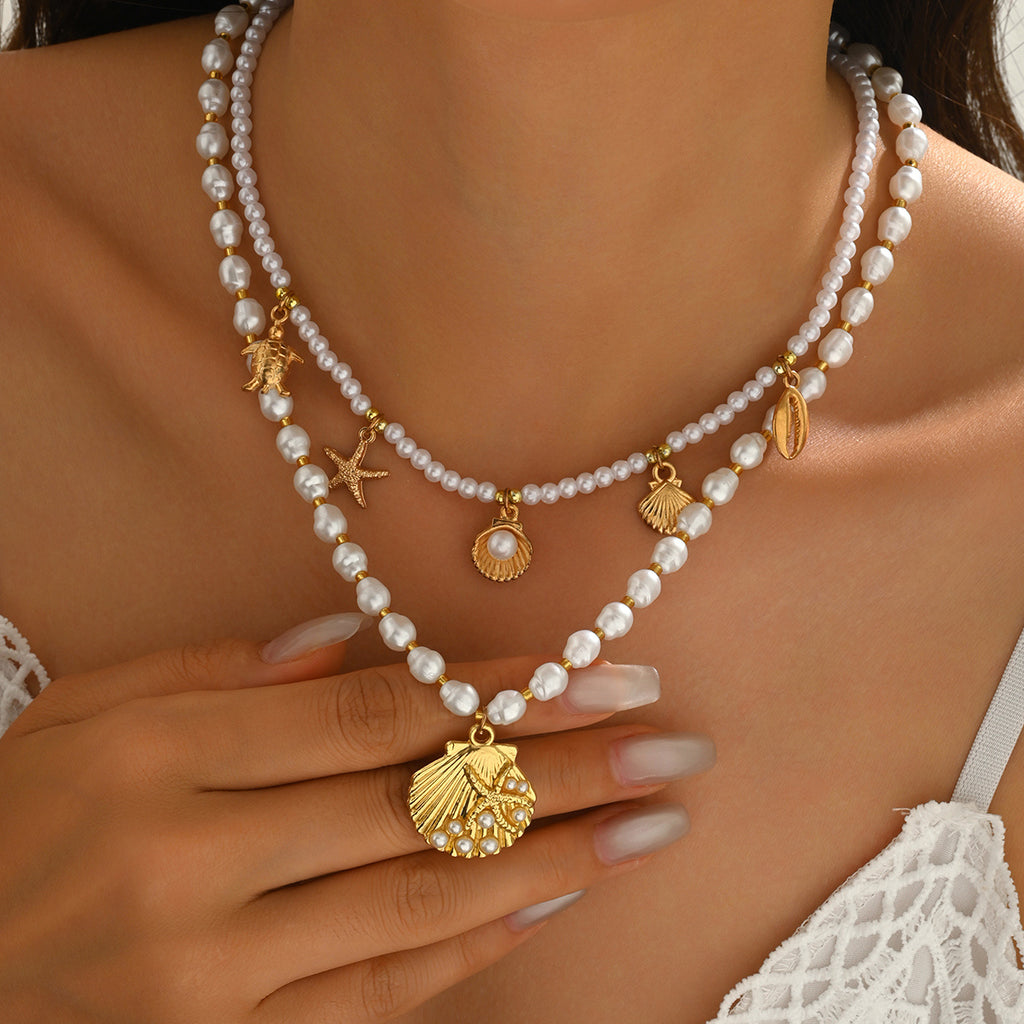 Bohemian Layered Pearl Necklace with Gold Ocean Charms