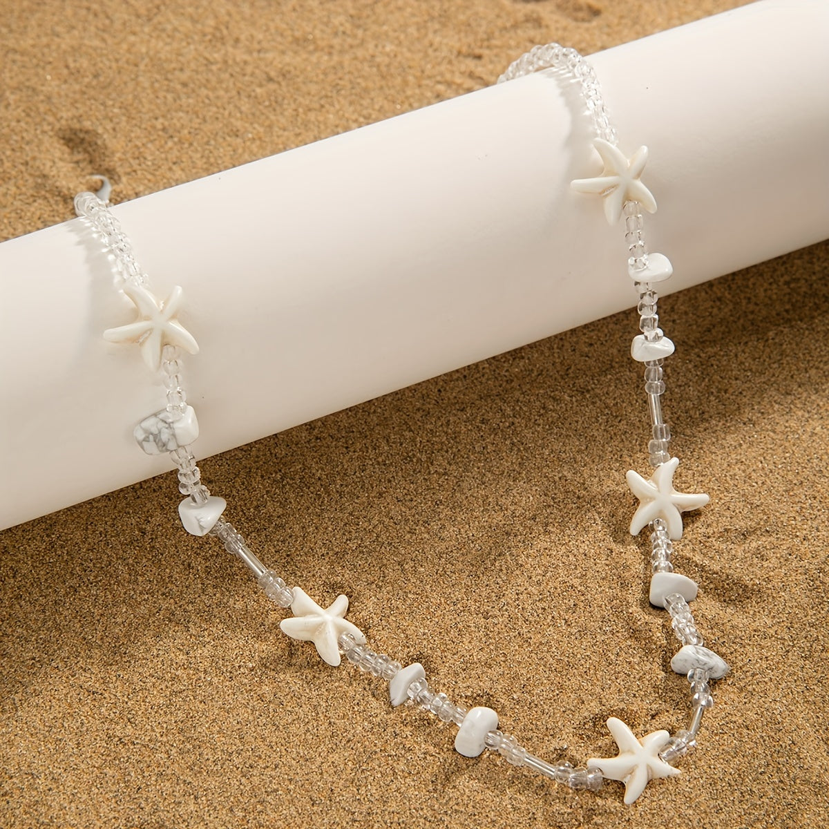 White Starfish and Stone Chip Beaded Necklace