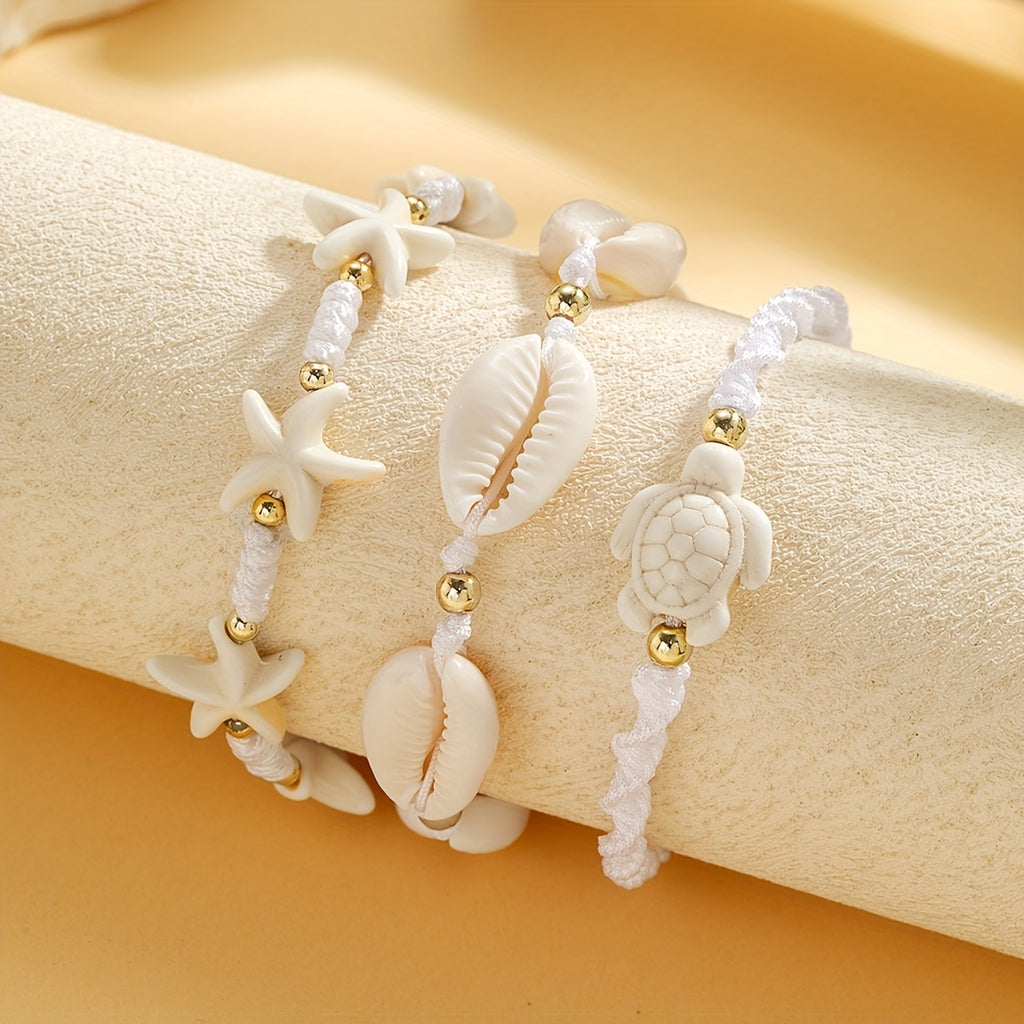 Bohemian White Woven Bracelet Set with Beach Charms