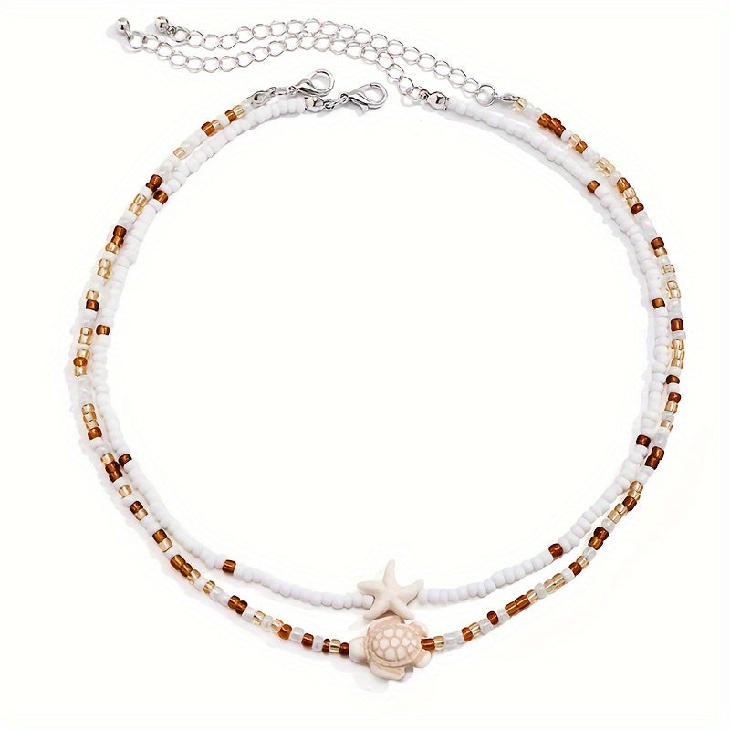 Layered White Seed Bead Necklace with Turtle Starfish
