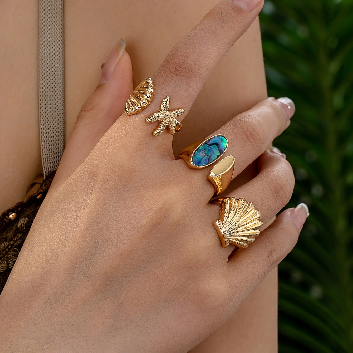 Gold Tone Sea-Inspired Rings with Abalone