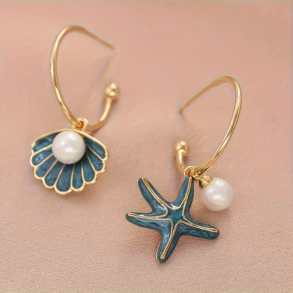 Asymmetrical Shell Starfish Hoop Earrings with Pearls