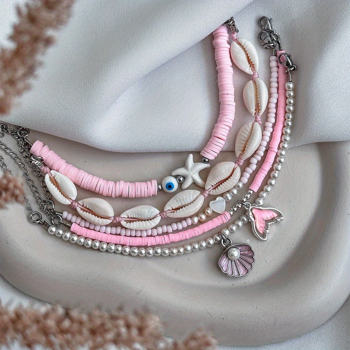 Bohemian Pink Layered Necklaces with Cowrie Shells & Starfish